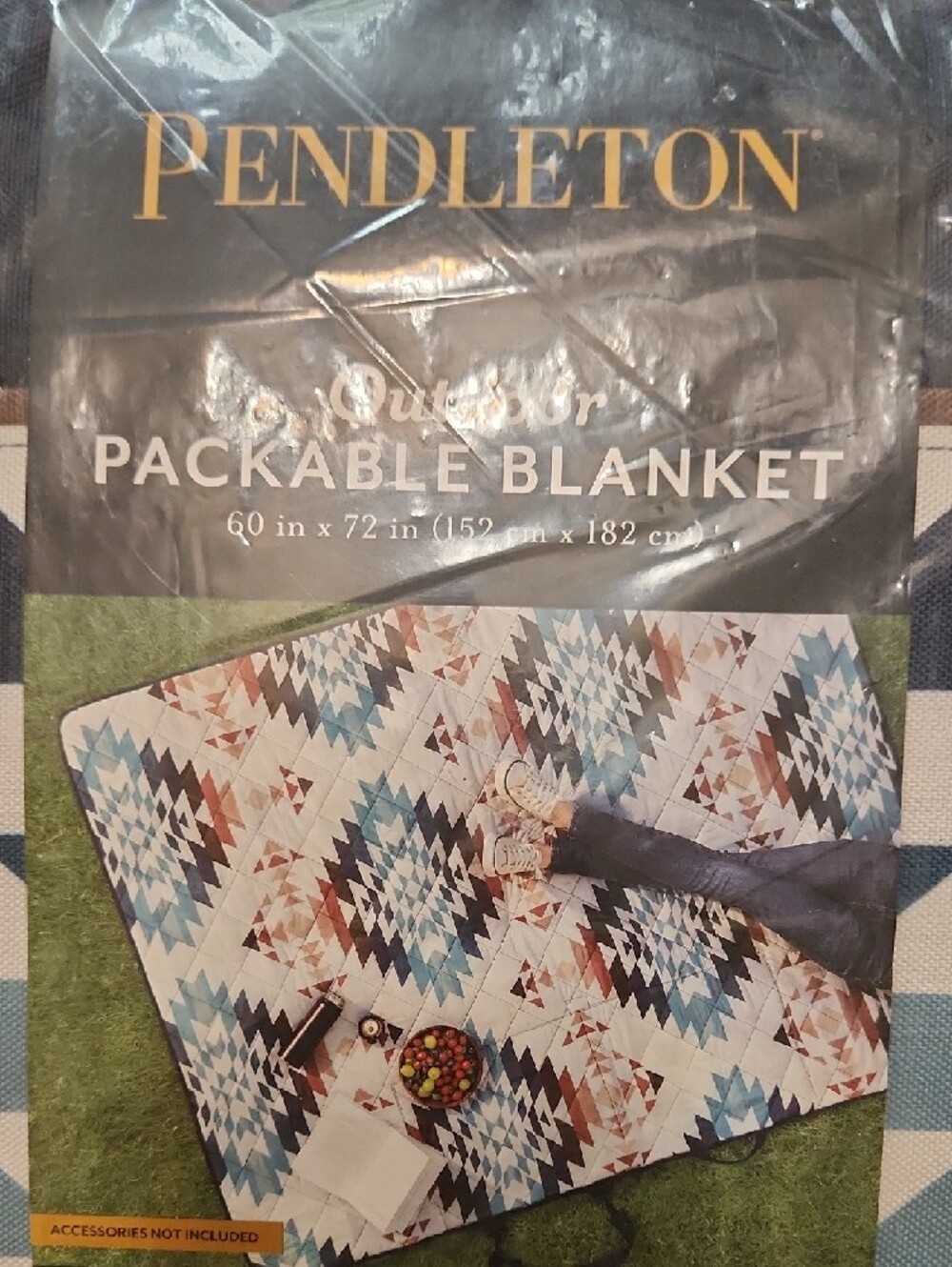 Pendleton Blue, Cream & Brown Geometric Packable Blanket, NWT